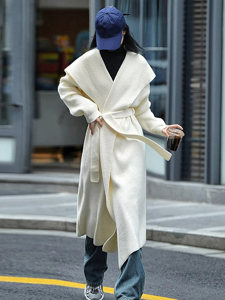 Slouchy Hooded Knitted Belted Cardigan