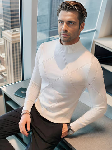 M's Mock Neck Grid Rhombic Sweater