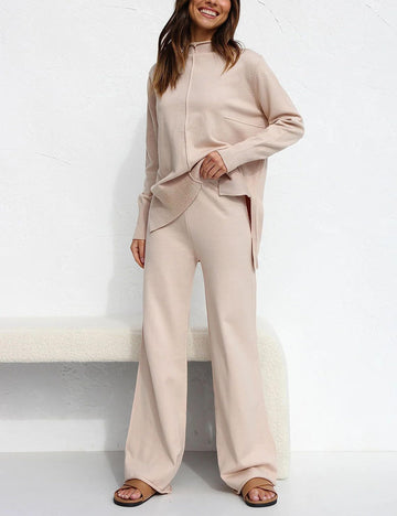 Side Slit Sweater & Knitted Wide-Leg Pant 2 Piece Lounge Set