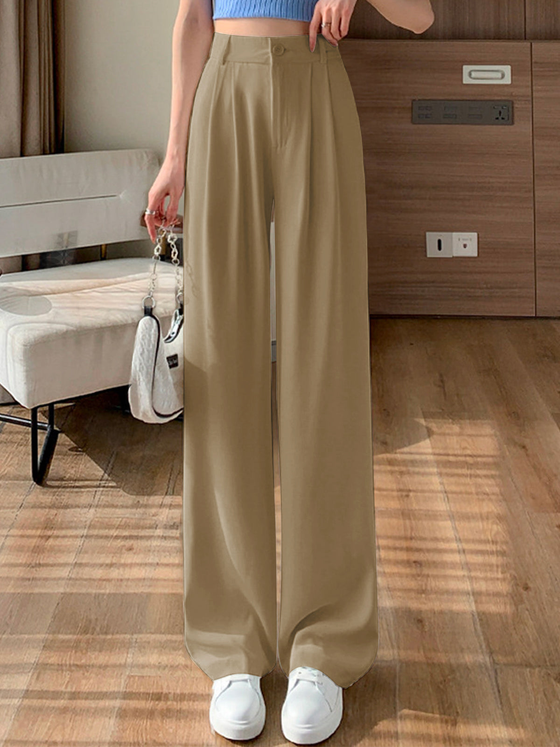 Solid Straight Wide-Leg Pants - Ahaselected