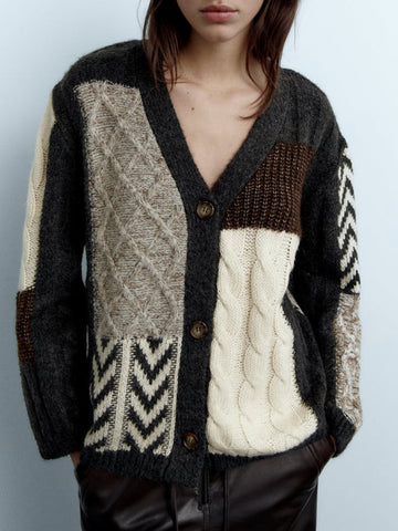 Lazy V-neck Classy Patchwork Knit Cardigan