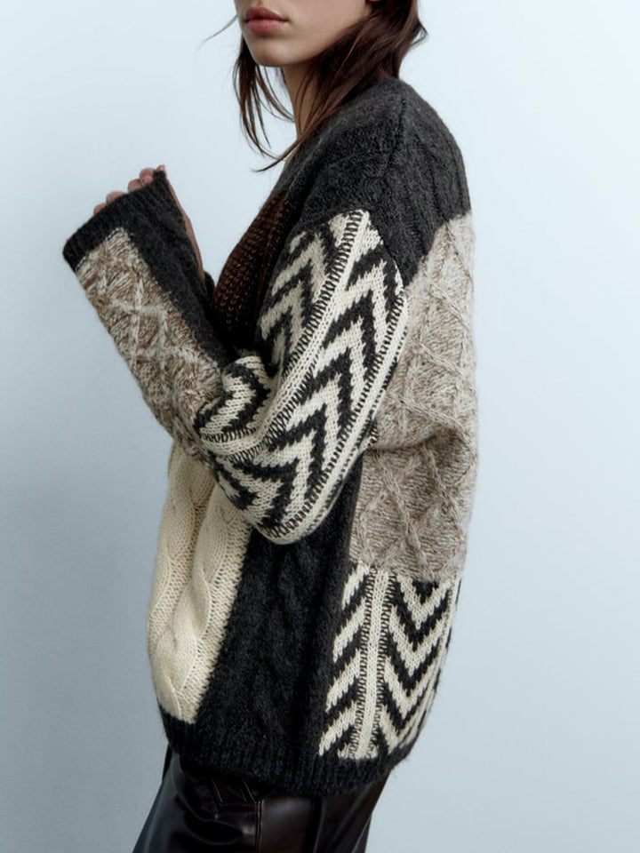 Lazy V-neck Classy Patchwork Knit Cardigan