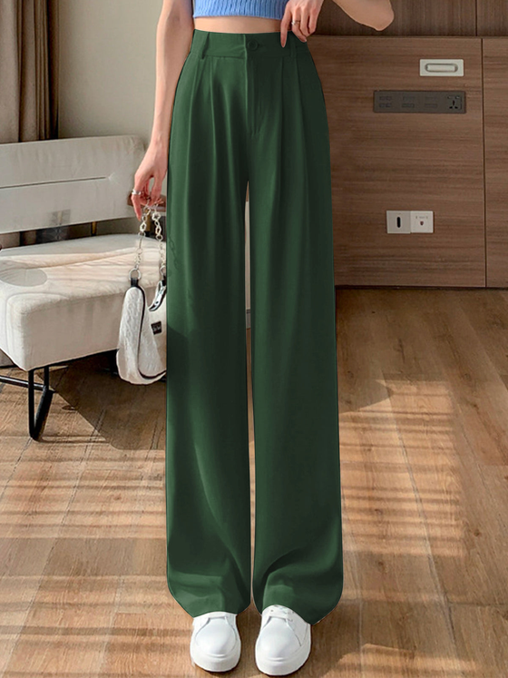 Solid Straight Wide-Leg Pants - Ahaselected