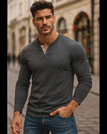 Men’s Henley-Style V-Neck Long Sleeve Cotten Shirt