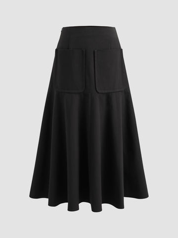 High Waisted Pocket A-Line Midi Skirt