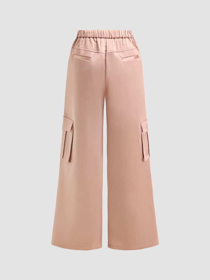 Satin Wide-Leg Cargo Pants With Pockets