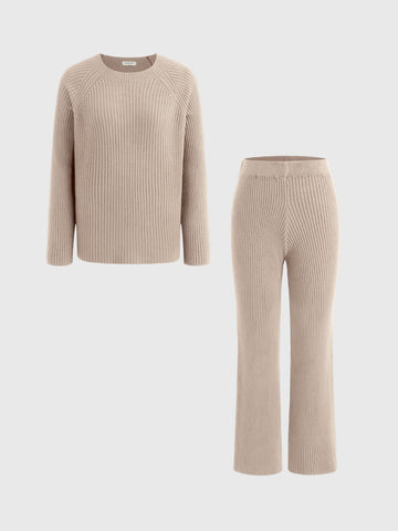 Conjunto de salón de 2 piezas con suéter de punto y pantalón de pierna ancha