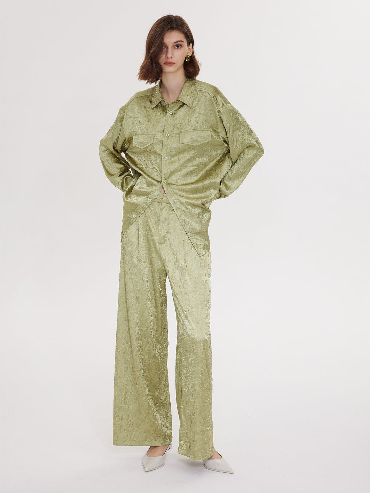 Textured Satin Patch Pocket Oversize Shirt & Wide Leg Pants 2 Pieces Set - Ahaselected