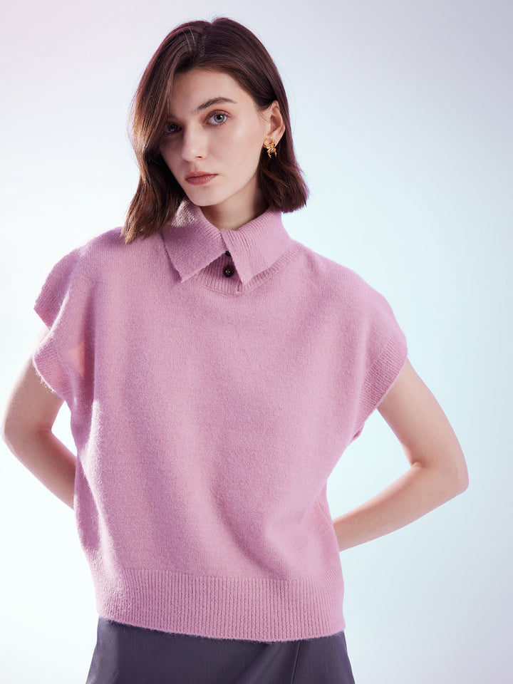 Oversized Short Sleeve Sweater with Turn-down Collar