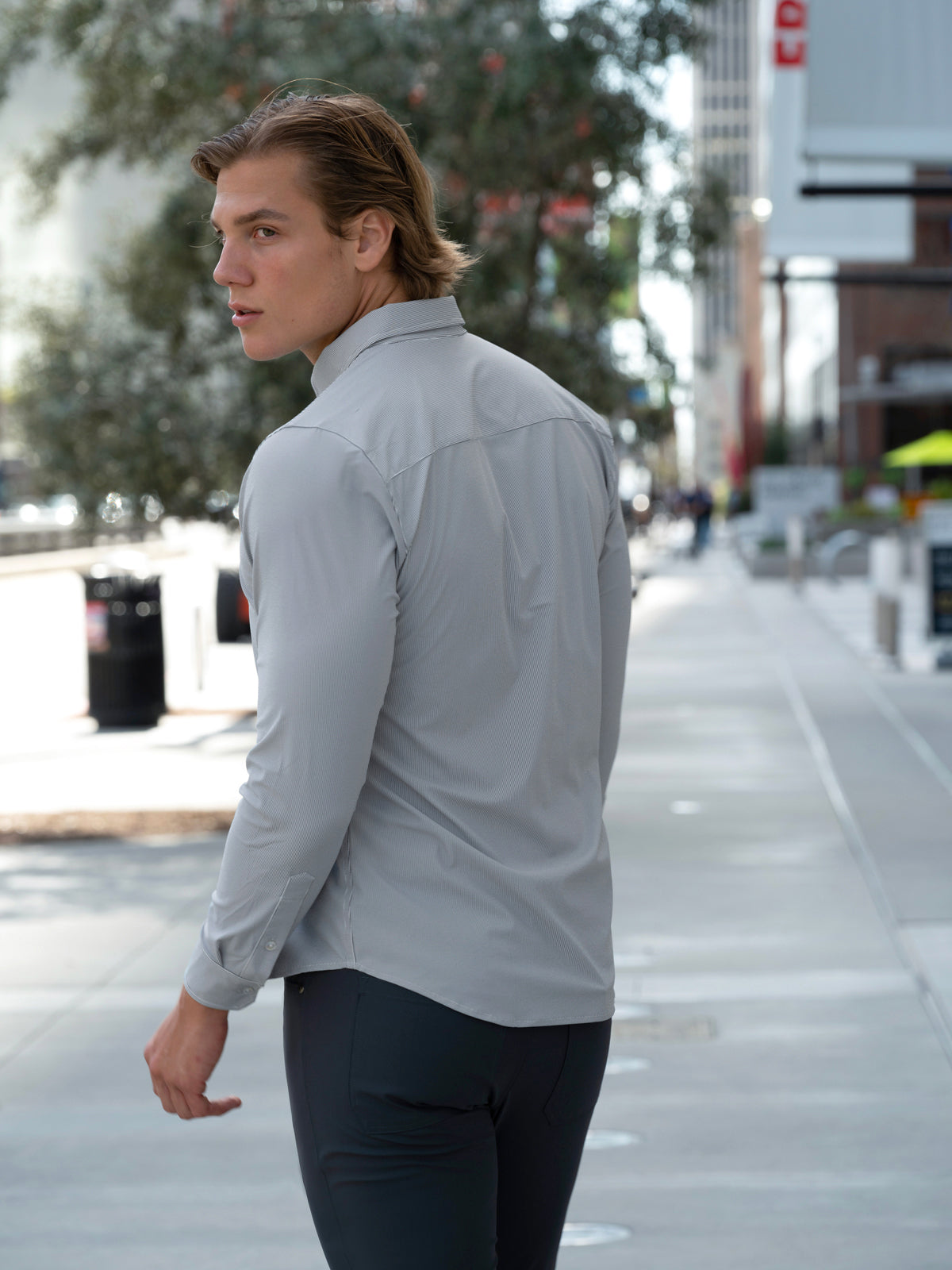 Commuter Performance Dress Shirt-Grey/White Stripe - Ahaselected
