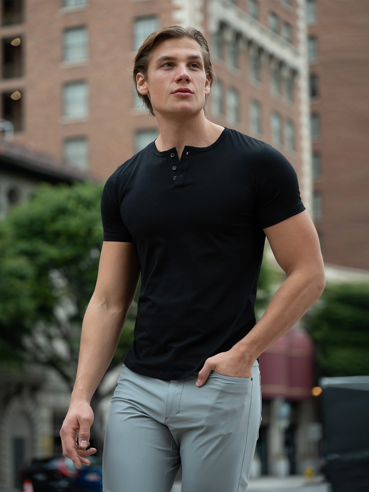 All Day Elite Henley Curve-Hem Stretch Short Sleeve - Ahaselected