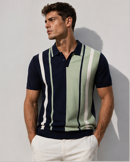 Polo da uomo in maglia a righe con blocchi di colore