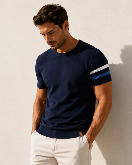 Camiseta de punto de algodón con cuello redondo para hombre-thumbmail-3