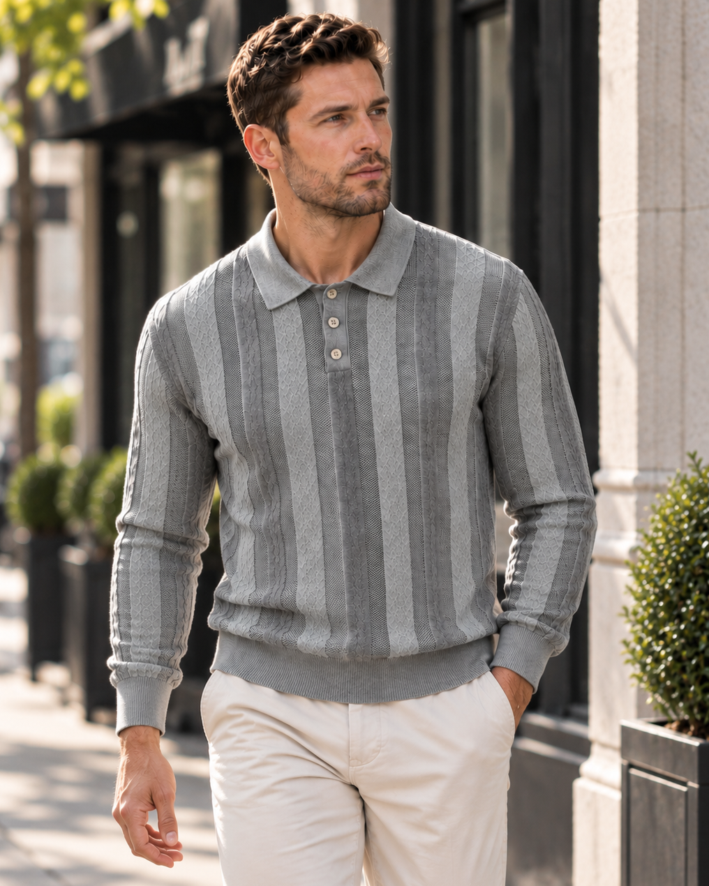 Men’s Textured Knit Long Sleeve Polo Sweater-thumbmail-1