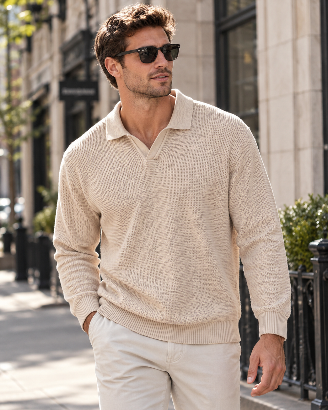 Men’s Textured Knit Open Collar Polo Sweater-thumbmail-1