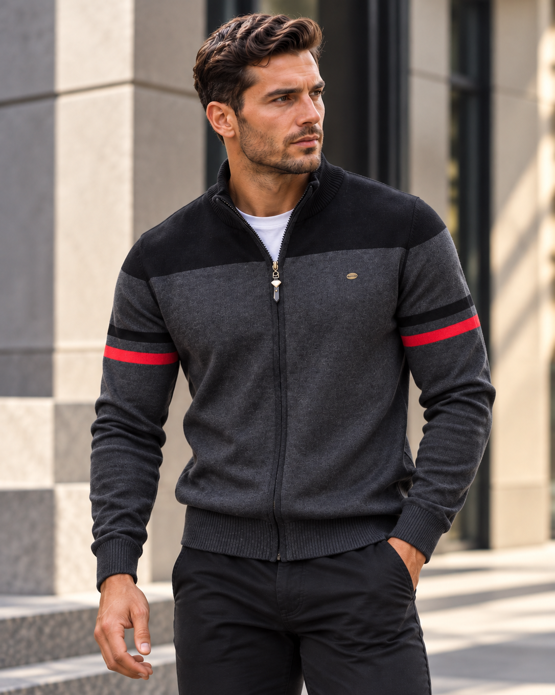 Cardigan classico a maglia con zip e blocchi di colore