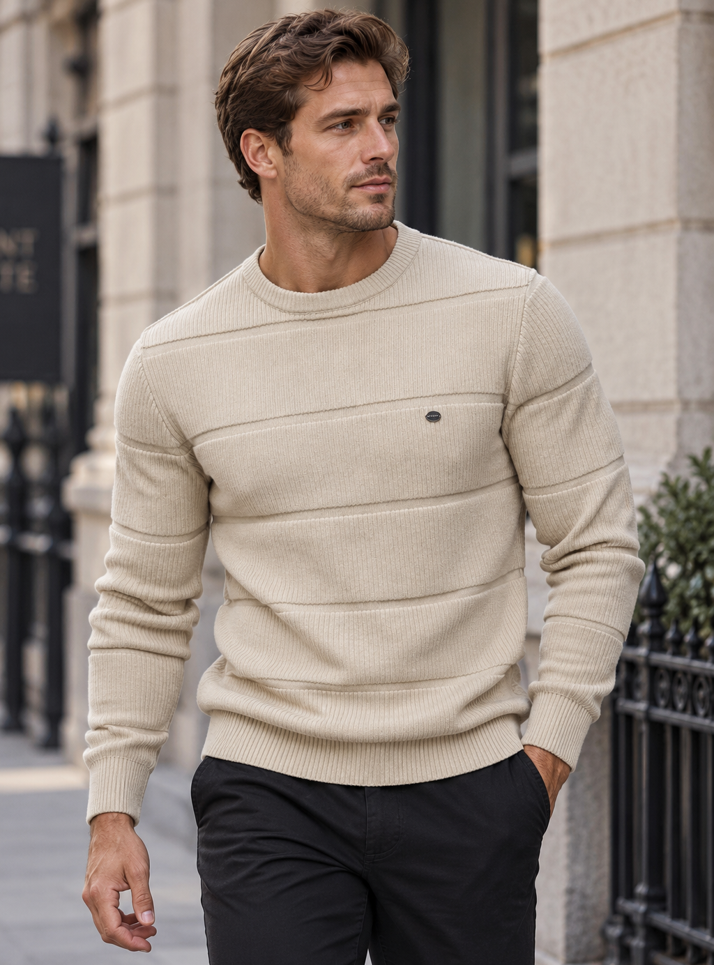 Men’s Ribbed Crew Neck Cotton Sweater-thumbmail-1