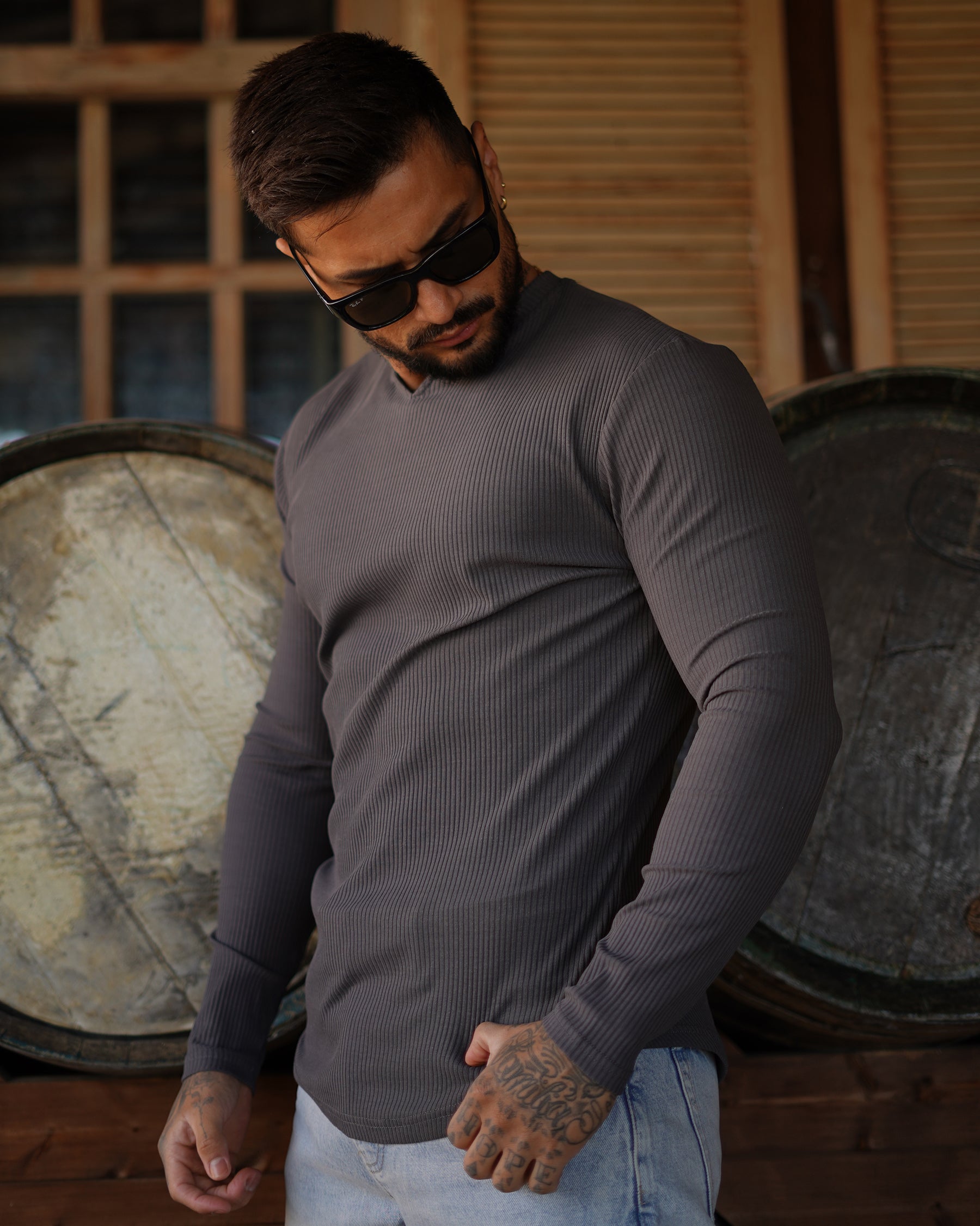 Muscle Fit V-Neck Long Sleeve Cotton Rib Knit Tech T-Shirt - Ahaselected