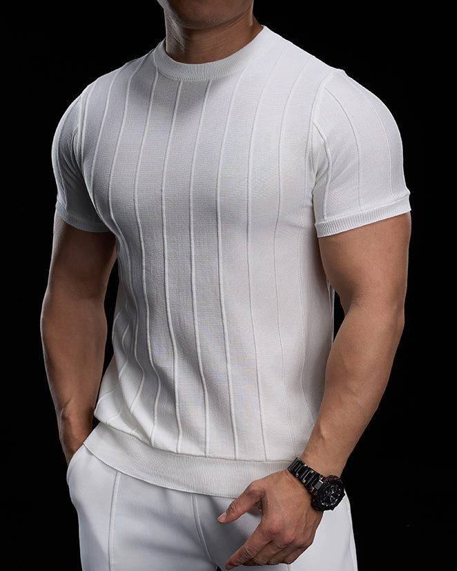 Ribbed Crew Neck Knit Tee Short Sleeves - Ahaselected