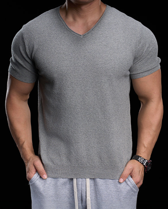 Classic V-Neck Knit Tee Short Sleeves - Ahaselected