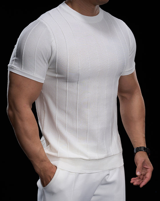 Ribbed Crew Neck Knit Tee Short Sleeves - Ahaselected