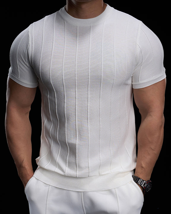 Ribbed Crew Neck Knit Tee Short Sleeves - Ahaselected