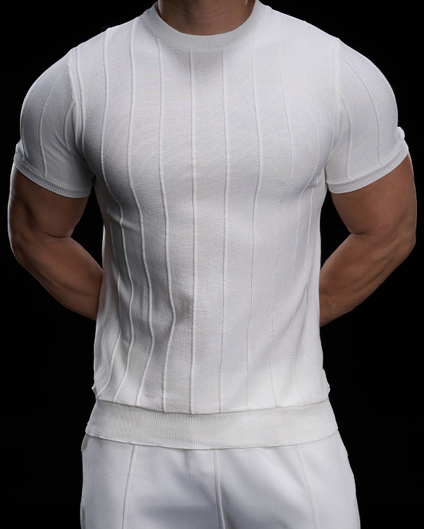 Ribbed Crew Neck Knit Tee Short Sleeves - Ahaselected