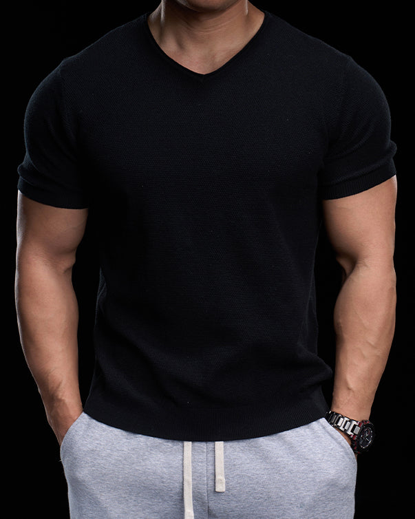 Classic V-Neck Knit Tee Short Sleeves - Ahaselected