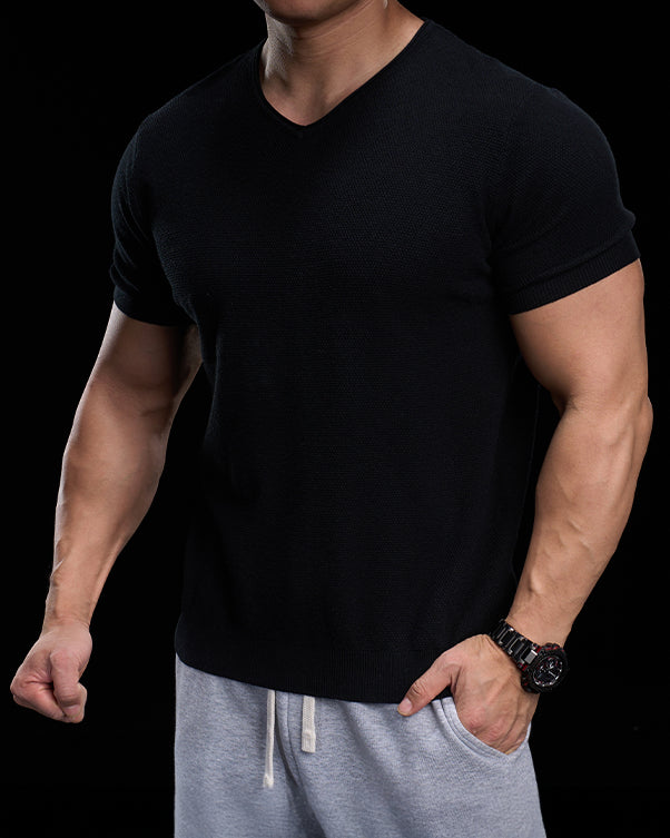 Classic V-Neck Knit Tee Short Sleeves - Ahaselected