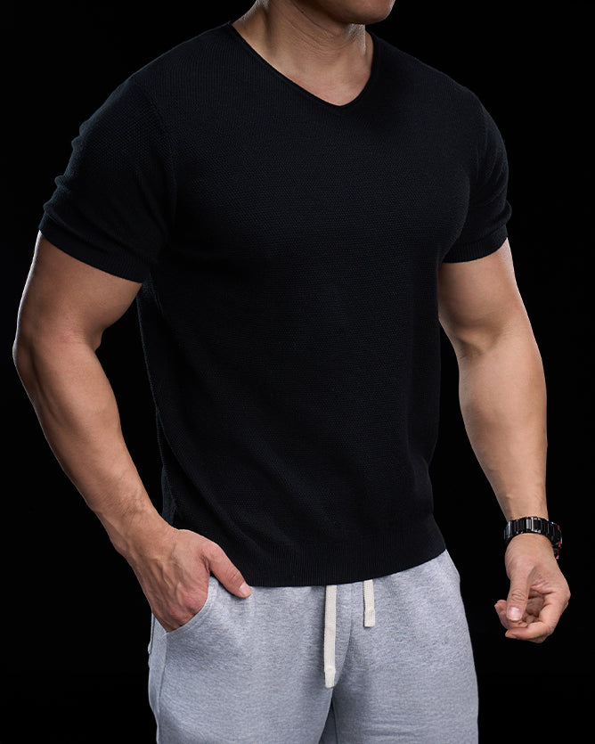 Classic V-Neck Knit Tee Short Sleeves - Ahaselected
