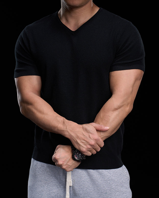 Classic V-Neck Knit Tee Short Sleeves - Ahaselected