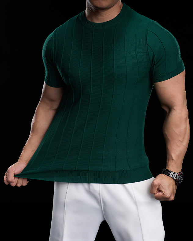 Ribbed Crew Neck Knit Tee Short Sleeves - Ahaselected