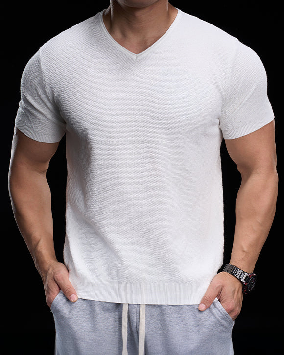Classic V-Neck Knit Tee Short Sleeves - Ahaselected