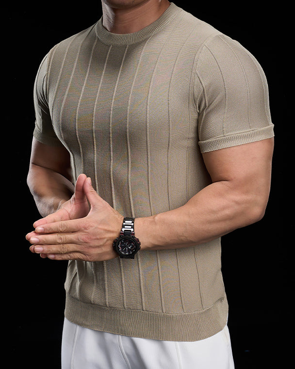 Ribbed Crew Neck Knit Tee Short Sleeves - Ahaselected