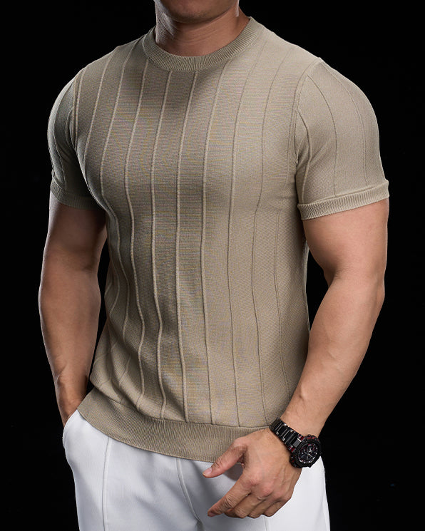 Ribbed Crew Neck Knit Tee Short Sleeves - Ahaselected