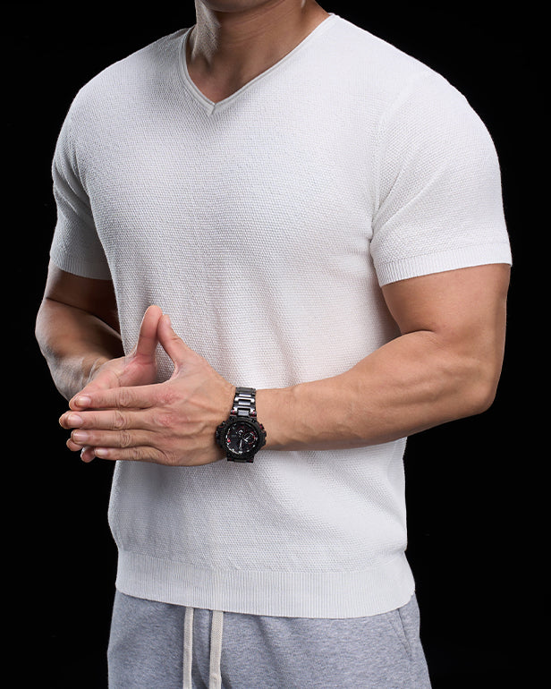 Classic V-Neck Knit Tee Short Sleeves - Ahaselected