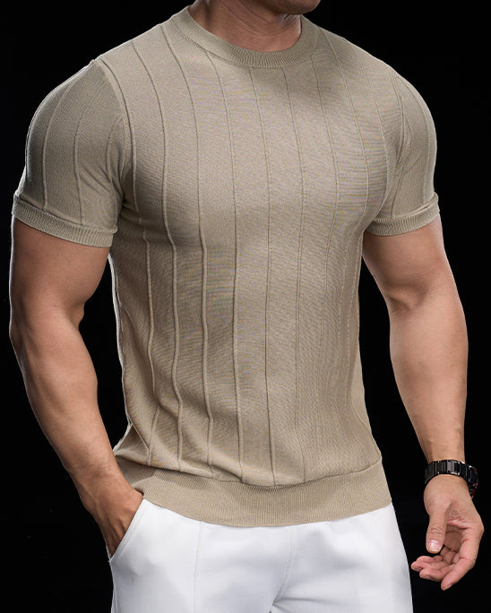 Ribbed Crew Neck Knit Tee Short Sleeves - Ahaselected