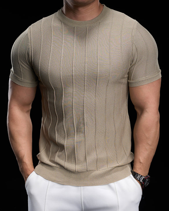 Ribbed Crew Neck Knit Tee Short Sleeves - Ahaselected