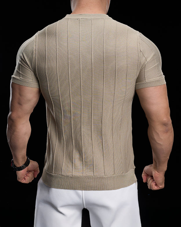Ribbed Crew Neck Knit Tee Short Sleeves - Ahaselected