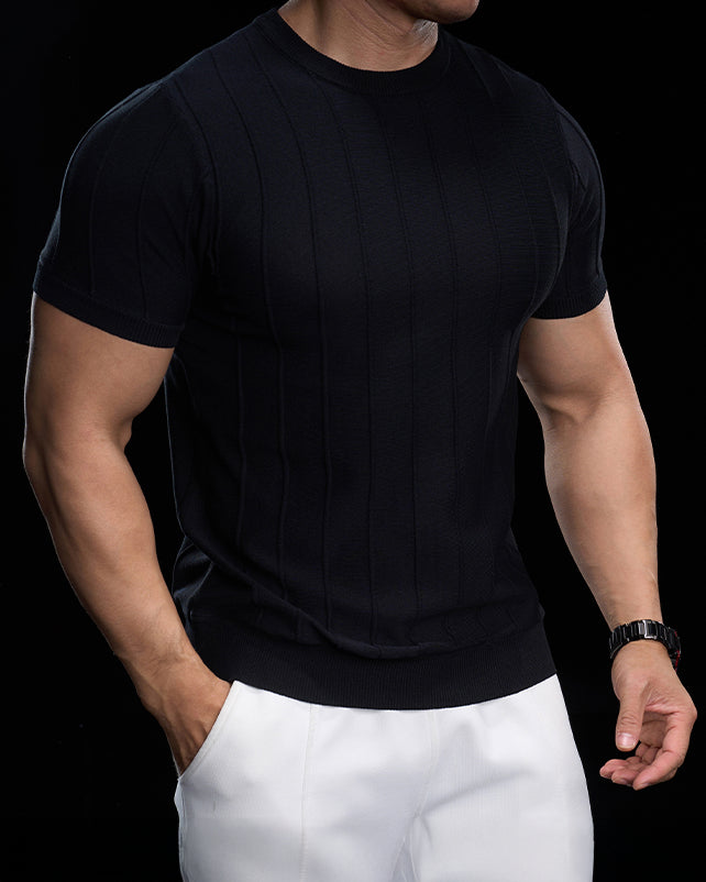 Ribbed Crew Neck Knit Tee Short Sleeves - Ahaselected