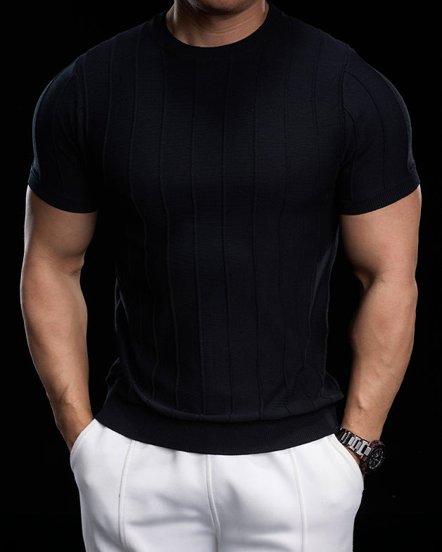 Ribbed Crew Neck Knit Tee Short Sleeves - Ahaselected