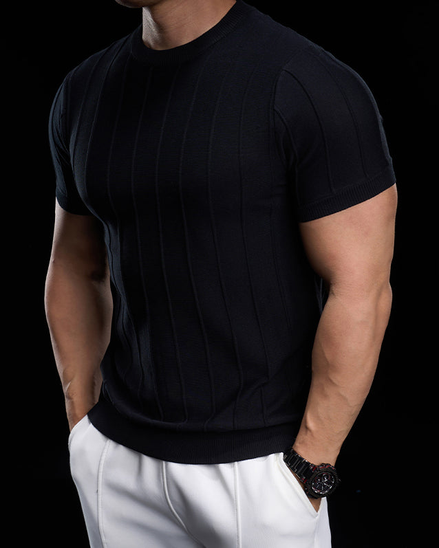 Ribbed Crew Neck Knit Tee Short Sleeves - Ahaselected