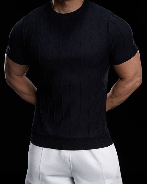 Ribbed Crew Neck Knit Tee Short Sleeves - Ahaselected