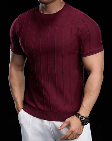 Ribbed Crew Neck Knit Tee Short Sleeves