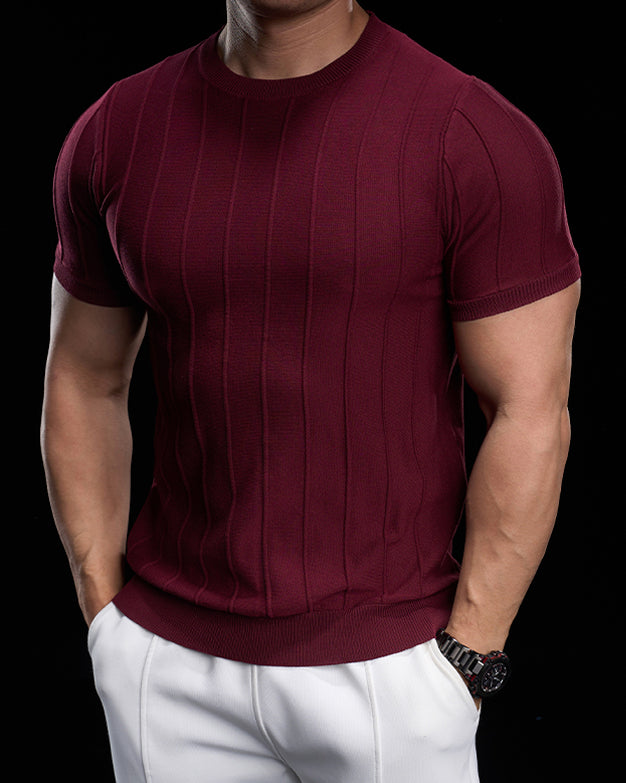 Ribbed Crew Neck Knit Tee Short Sleeves - Ahaselected