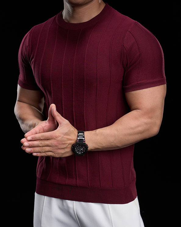 Ribbed Crew Neck Knit Tee Short Sleeves - Ahaselected