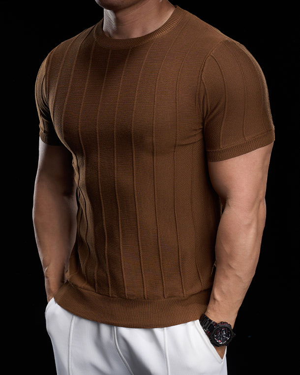 Ribbed Crew Neck Knit Tee Short Sleeves - Ahaselected