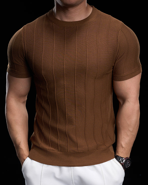 Ribbed Crew Neck Knit Tee Short Sleeves - Ahaselected