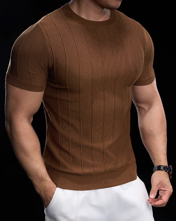 Ribbed Crew Neck Knit Tee Short Sleeves - Ahaselected