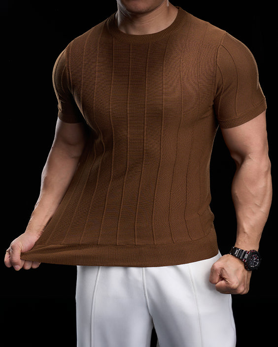 Ribbed Crew Neck Knit Tee Short Sleeves - Ahaselected